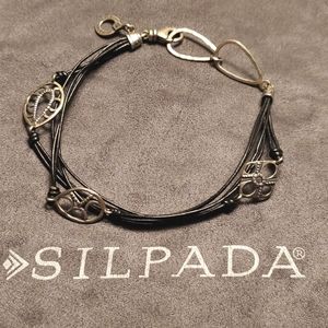 Silpada bracelet, multi strand black cord, silver charm details